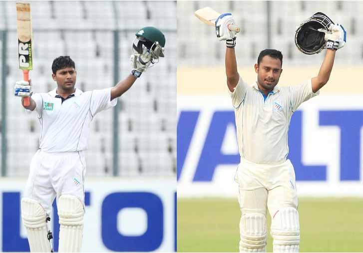 Imrul Kayes (left) of Prime Bank South Zone celebrates his double century and Md Mithun of Prime Bank South Zone acknowledges the crowd his unbeaten century during the third day play of the 2nd Bangladesh Cricket League between Prime Bank South Zone and B