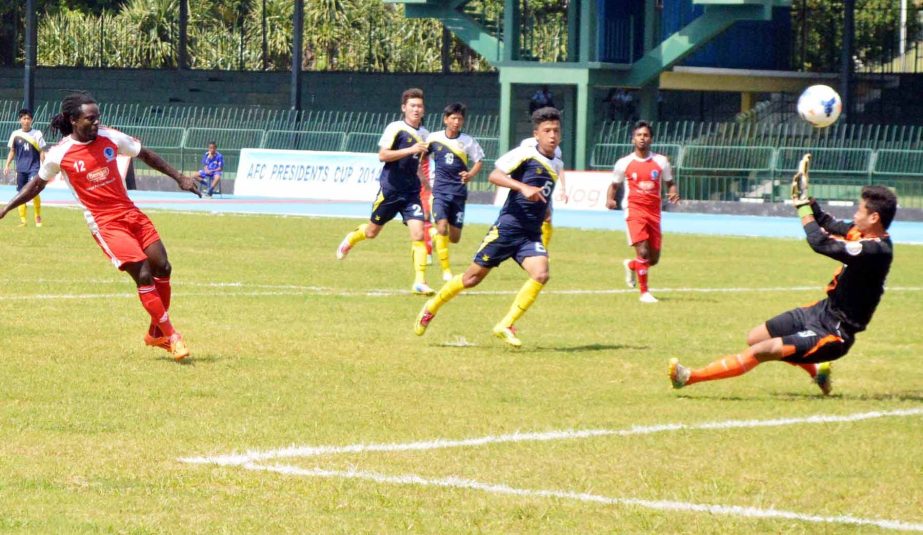 An action from the match of the Group A match of AFC President's Cup between Sheikh Russel Krira Chakra and Ugyen Academy of Bhutan at Colombo in Sri Lanka on Sunday.