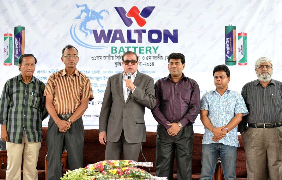 Secretary General of Bangladesh Olympic Association Syed Shahed Reza speaking at the inaugural ceremony of the Walton Battery 31st National Senior Men's and 5th National Senior Women's Wrestling Competition at the Kabaddi Stadium on Wednesday.
