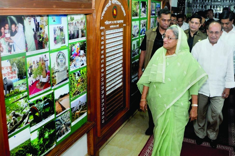 Prime Minister Sheikh Hasina visited Environment and Forest Ministry of Bangladesh Secretariat on Thursday. Environment and Forest Minister Anwar Hossain Manju was present on the occasion. BSS photo