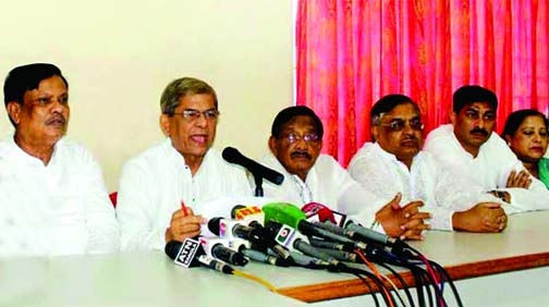 BNP Acting Secretary General Mirza Fakhrul Islam Alamgir speaking at a press conference on present political situation at the party central office in the city's Nayapalton on Friday.