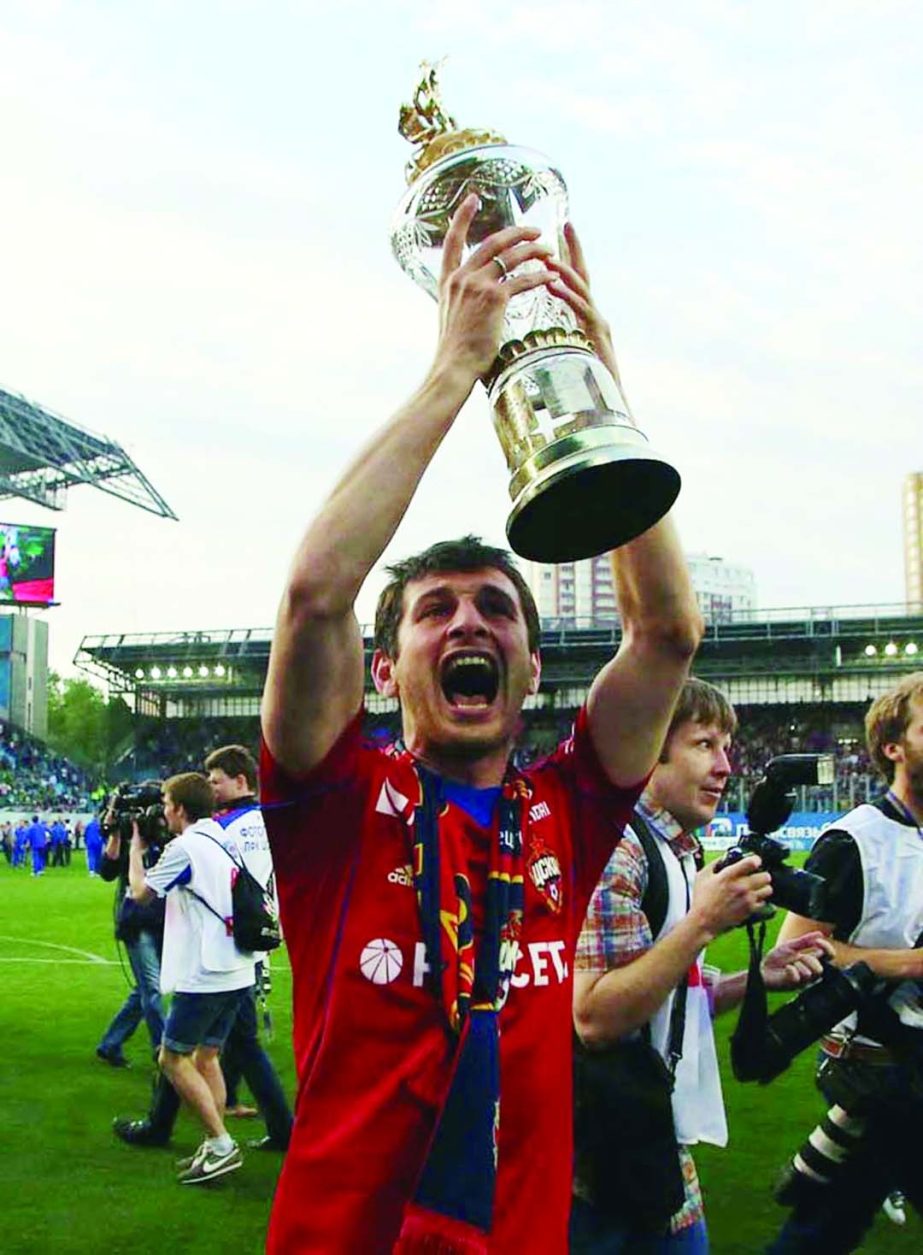 CSKA Moscow's Alan Dzagoev celebrates after a Russian Premier League Championship soccer match between CSKA Moscow and Lokomotiv at the Arena Khimki stadium in Khimki outside Moscow, Russia on Thursday. CSKA won the national champion title.