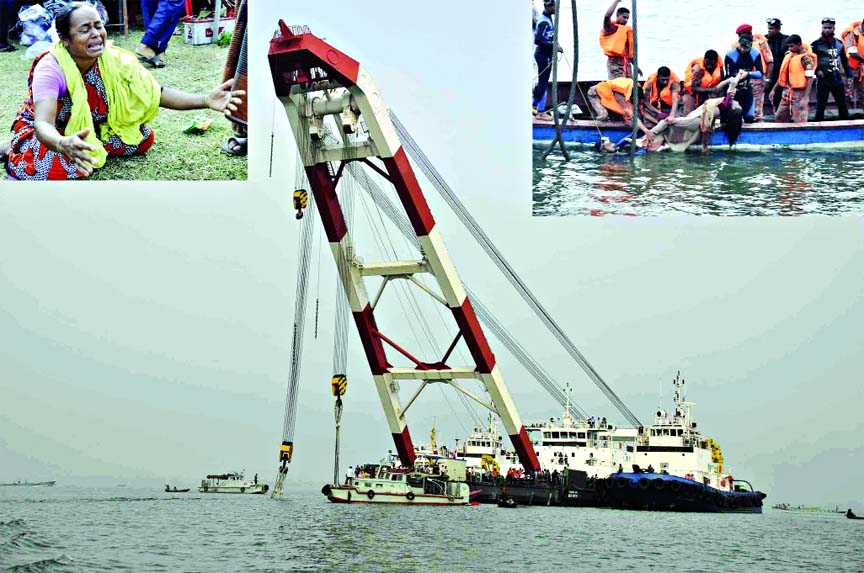 Desperate bid to salvage the Sunken launch by rescue vessel ship 'Prottoy' in Meghna on Friday. Photos (inset) also showed waiting relatives of victim (left) and recovering of bodies from the river on Friday (right).