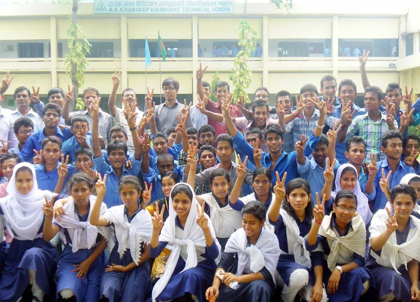 Successful SSC students of AK Khan UCEP Kalurghat Technical School of Chittagong rejoicing victory after publishing SSC examination result yesterday.