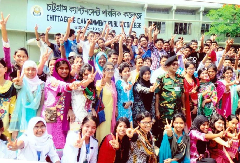 Successful students of Chittagong Cantonment Public College rejoicing after SSC results on Saturday.