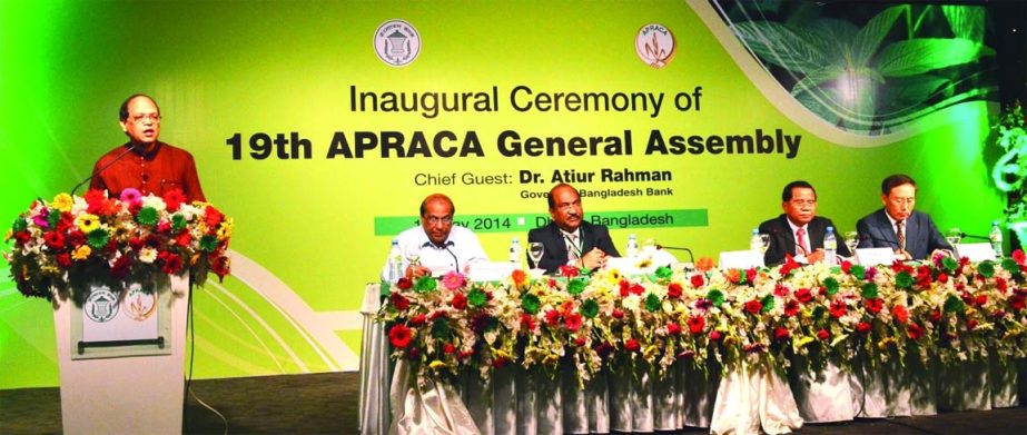 Dr Atiur Rahman, Governor of Bangladesh Bank speaking the '19th General Assembly of Asia-Pacific Rural and Agricultural Credit Association' at a city hotel on Monday. 82 foreign delegates from 17 APRACA member countries and 2 observer countries attend t
