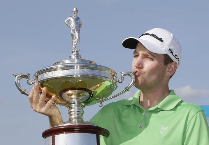 Brendon Todd kisses the trophy after winning the Byron Nelson Championship golf tournament in Irving, Texas on Sunday.