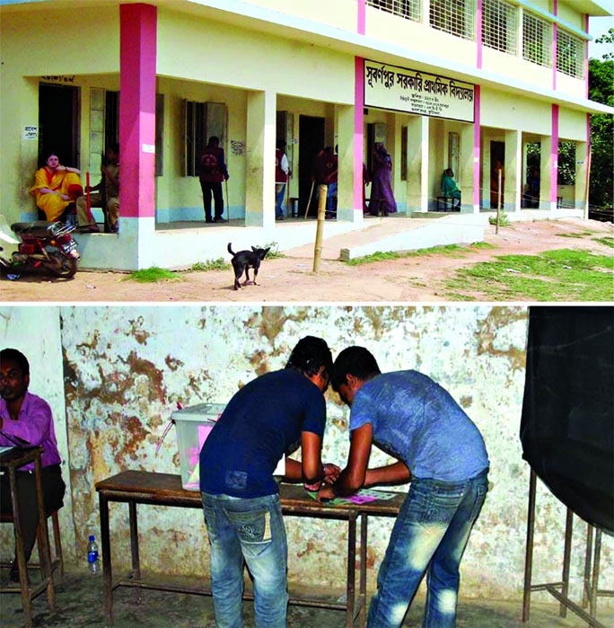 Photo shows- Voter-less polling centre at Comilla Sadar Subarnapur Primary School (top) and two youths are casting fake votes on the last phase of Upazila election held on Monday where presiding and polling officers are seen helpless.