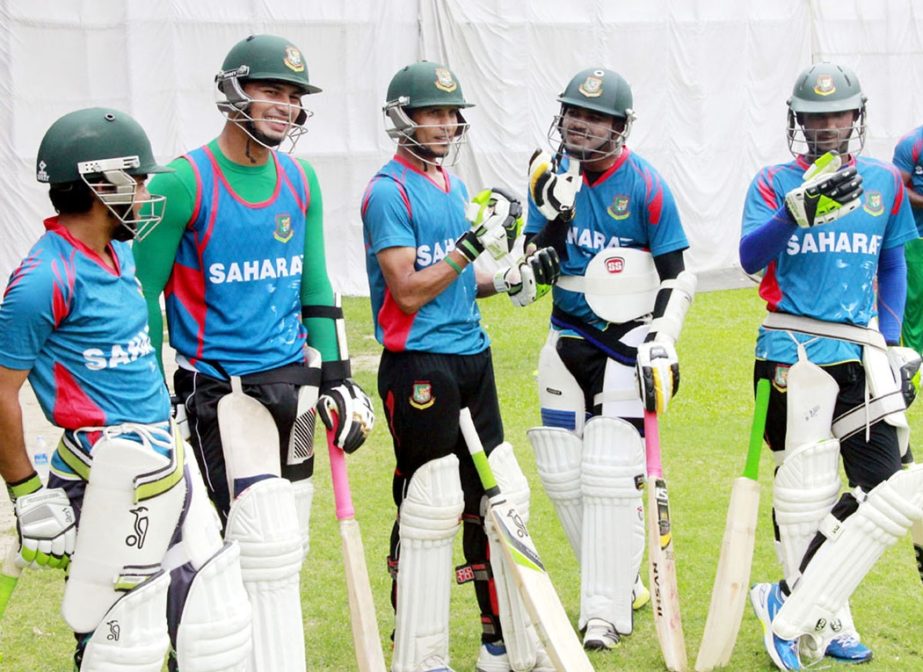 Players of Bangladesh A team during their practice session at the Sher-e-Bangla National Cricket Stadium in Mirpur on Tuesday. Banglar Chokh