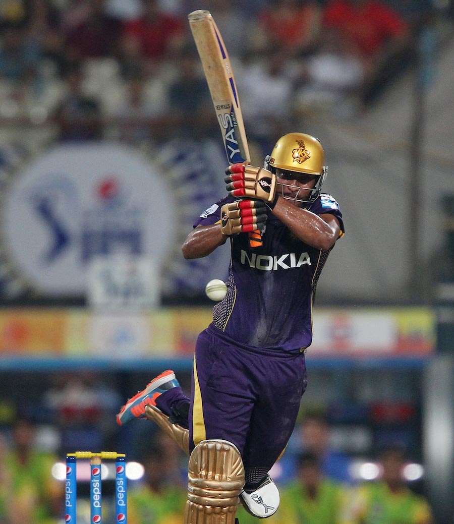 Shakib Al Hasan flat-bats a short ball to the on side during IPL 2014 Kolkata Knight Riders and Chennai Super Kings in Kolkata on Tuesday.