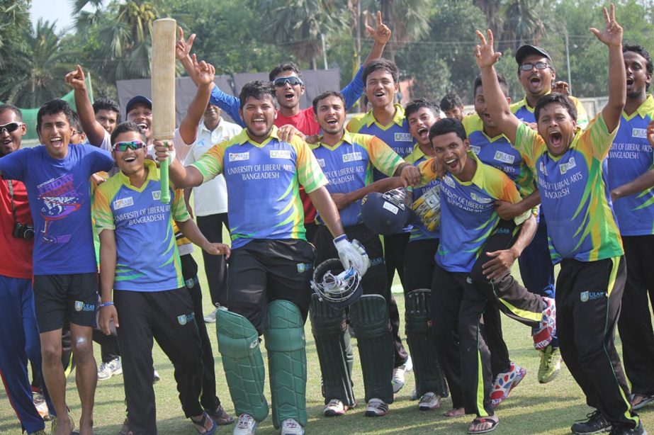 Members of ULAB celebrate after beating Bangladesh Agriculture University by nine wickets in the semifinal of Walton Refrigerator University Challenge Cup T20 Cricket at the BKSP Ground in Savar on Wednesday.