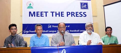 Chairman of the League Organising Committee of Cute Premier Handball League Sheikh Md Maruf Hasan addressing a press conference at the Dutch-Bangla Bank Auditorium in Bangladesh Olympic Association Bhaban on Wednesday.