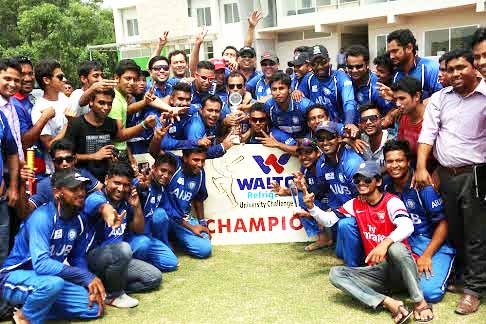 Members of AIUB, the champions of the Walton Refrigerator 2nd University Challenge Cup T20 Cricket pose with the trophy at the BKSP Ground in Savar on Thursday.