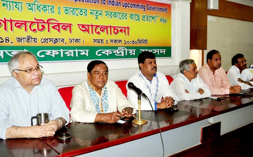 BNP leader Major (Retd) Hafiz Uddin speaking at a roundtable on 'Bangladesh's due share of water from the common rivers: Expectation from India's new government' organized by Swadhinata Forum at the Naional Press Club on Friday.