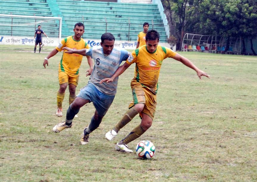 A moment of the football match of the Premier Bank Bangladesh Championship League between Rahmatganj MFS and Farashganj SC at the Bir Shreshtha Shaheed Sepoy Mohammad Mostafa Kamal Stadium in Kamalapur on Saturday. The match ended in a goalless draw.