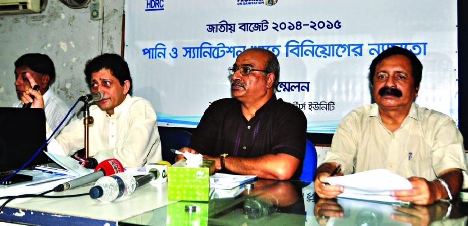 Economist Abul Barakat speaking at a press conference on National Budget, 2014-15 at Dhaka Reporters Unity auditorium on Saturday.