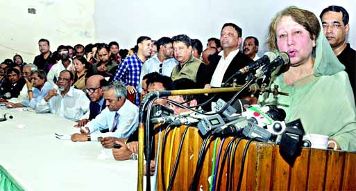 BNP Chairperson Begum Khaleda Zia speaking at a protest rally at the Jatiya Press Club as police foiled the lawyersâ€™ scheduled rally at the Supreme Court premises on Saturday.
