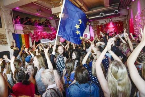 Party workers at the Swedish Feminist Initiative, a feminist political party, celebrate to the exit polls that make the party Sweden's second biggest party in the European Parliament elections, in Stockholm.