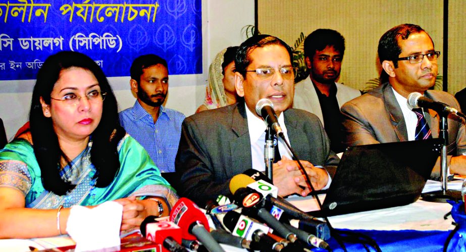 CPD Executive Director Dr. Mustafizur Rahman speaking at a media briefing titled â€˜Bangladesh Economy's third phase interim scrutinisingâ€™ held at Brac Centre Inn in the city on Sunday. CPD Research Director Fahmida Khatun among others also s