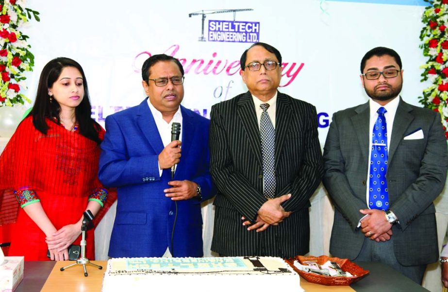 Sheltech Group Chairman Kutubuddin Ahmed, Vice-chairman and CEO Choudhury Jamal Ashraf and Director Tanvir Ahmed observing the Sheltech Engineering Ltd's 1st anniversary by cutting cake in the city on Monday.
