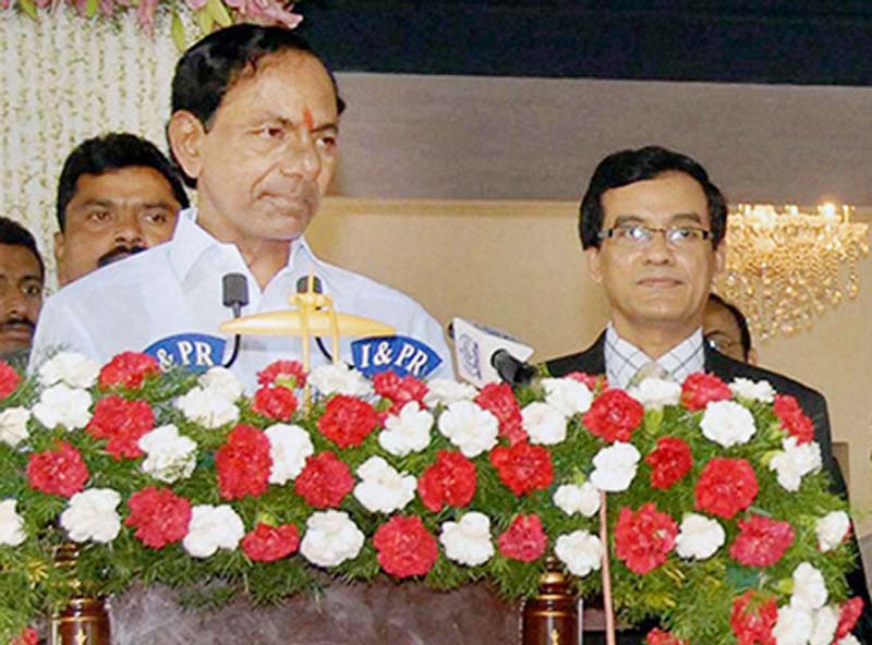 K Chandrasekhar Rao during the swearing-in ceremony at Raj Bhavan in Hyderabad.