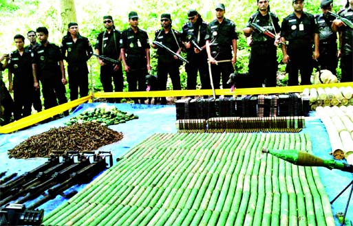 More arms and ammunition were unearthed from hidden bunkers at Satchhari jungle along Tripura border by RAB team on the second day of their drive on Wednesday.