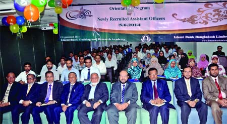 Md Eskandar Ali Khan, Chairman of the Executive Committee of Islami Bank Bangladesh Limited poses with participants of an orientation programme for newly recruited assistant officers of the bank at its auditorium on Thursday. Mohammad Abdul Mannan, Manag
