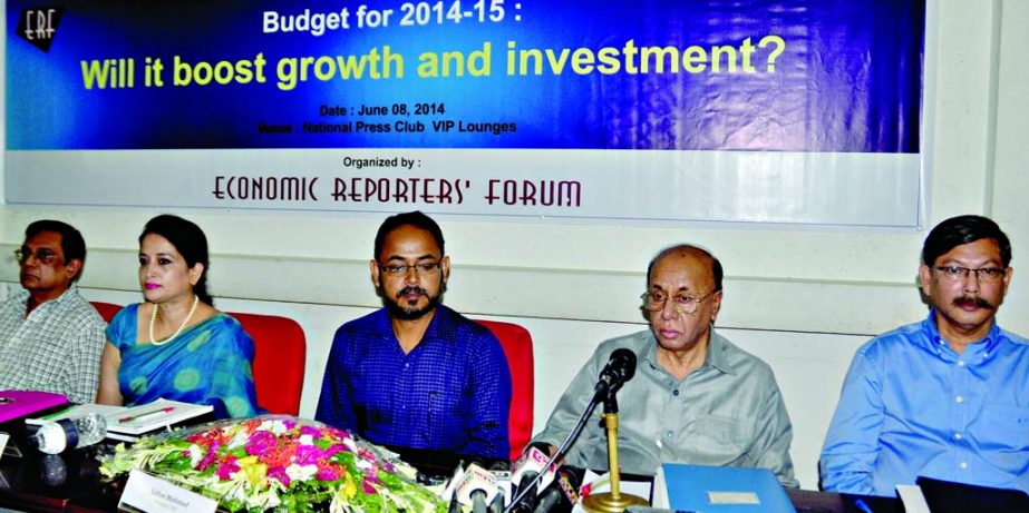 Former Adviser of Caretaker Government Dr ABM Mirza Azizul Islam speaking at a discussion organized by Economic Reporters' Forum (ERF) on budget for Fy 2014-15 at the Jatiya Press Club on Sunday.
