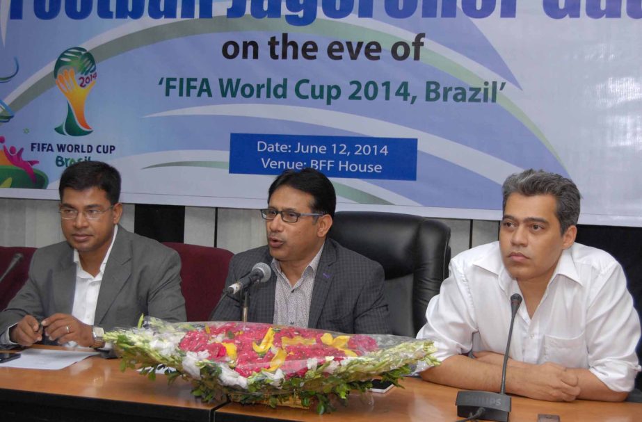 Senior Vice-President of Bangladesh Football Federation (BFF) Abdus Salam Murshedy addressing a press conference at the conference room of BFF House on Thursday.