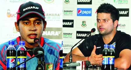 Bangladesh Captain Mushfiqur Rahim (left) and Indian Captain Suresh Raina speaking at their respective press conference at the Sher-e-Bangla National Cricket Stadium in Mirpur on Saturday.