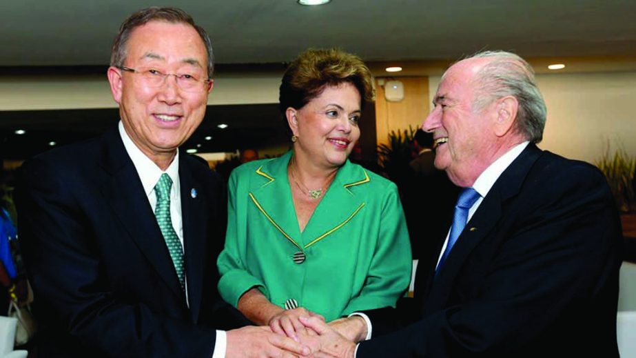 UN Secretary General Ban Ki-Moon pose with Brazilian President Dilma Rousseff and FIFA President Joseph S. Blatter before the 2014 FIFA World Cup Brazil Group A match between Brazil and Croatia at Arena de Sao Paulo on Thursday night in Sao Paulo, Brazil.