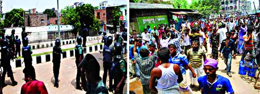 Police (left) resorted to lathi charge, lobbed teargas shells and fire rubber bullets as the two groups of stranded Pakistanis locked in clashes over crackers blast indiscriminately in the early hours of Saturday in city's Kalshi area of Mirpur.