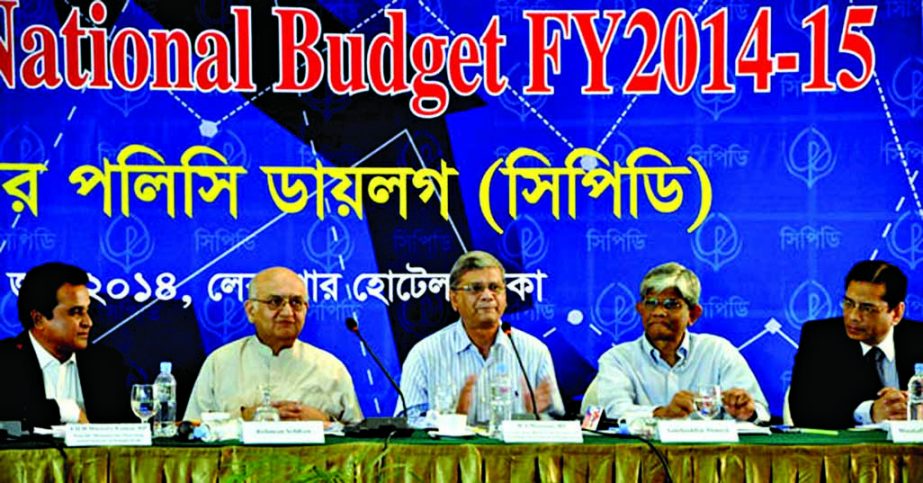 CPD Chairman Prof Rehman Subhan speaking at a discussion on National Budget 2014-15 at a local hotel on Saturday. Among others Planning Minister AHM Mostafa Kamal and former governor of Bangladesh Bank Dr Saleh Uddin Ahmed were present.