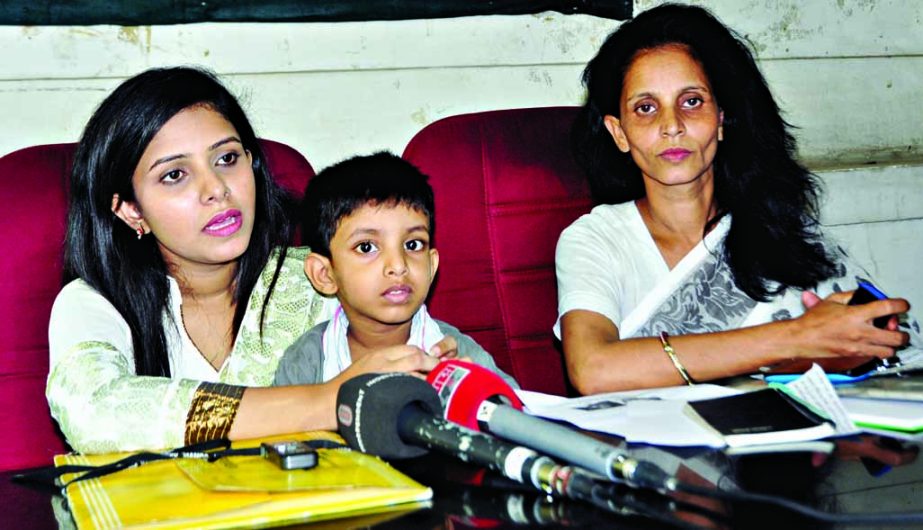 Victim Lamia Islam Ananya speaking at a press conference at the National Press Club in the city on Sunday in protest against repression by her husband Arefin Rumy.
