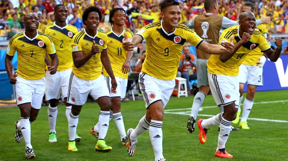 Teofilo Gutierrez of Colombia (C-R) celebrates with team-mates after scoring the second goal during the 2014 FIFA World Cup Brazil Group C match between Colombia and Greece at Estadio Mineirao in Belo Horizonte, Brazil on Saturday.