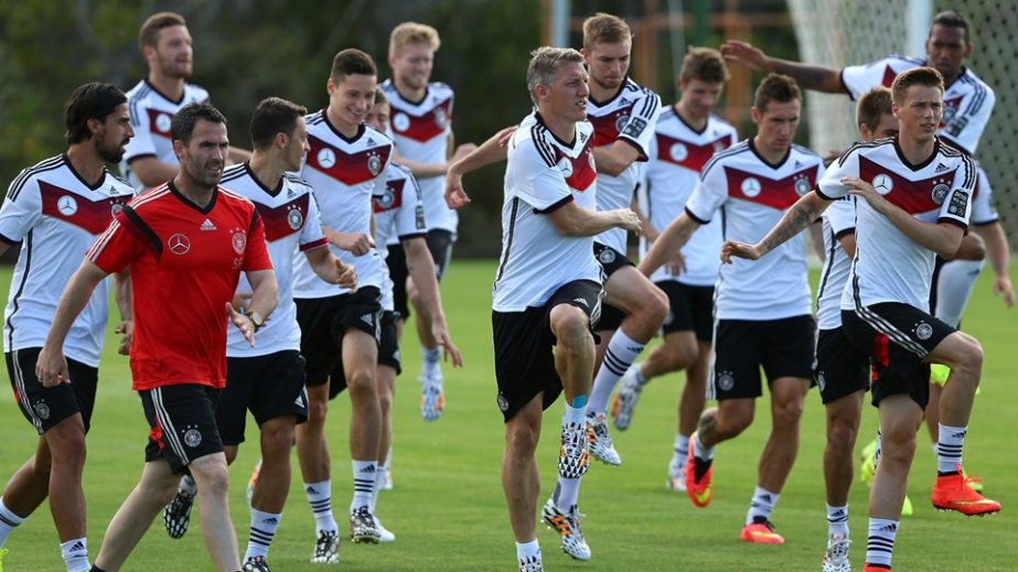 Team members in action during the German National team training at Campo Bahia in Santo Andre, Brazil on Saturday.