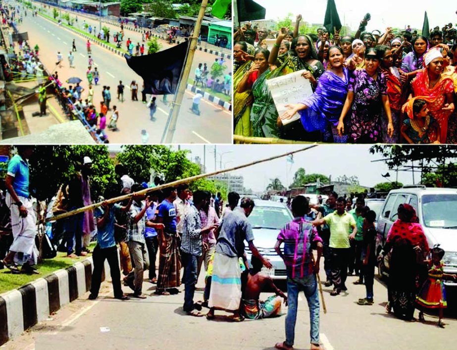 Violence at Bihari camp: Stranded Pakistanis blocked Kalshi Road; brought out procession (right-top) and stopped vehicles (bottom) on Sunday demanding arrest of killers.