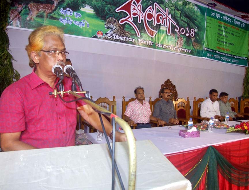 CUJ President Ajaj Chowdhury speaking at the month-long Tree Fair organised by Chittagong City Corporation yesterday.