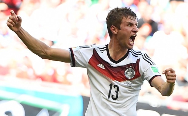 Germany's Thomas Mueller celebrates scoring his team's third goal, his second goal for the match, against Portugal during their 2014 World Cup Group G soccer match at the Fonte Nova arena in Salvador, June 16, 2014. Credit: Reuters