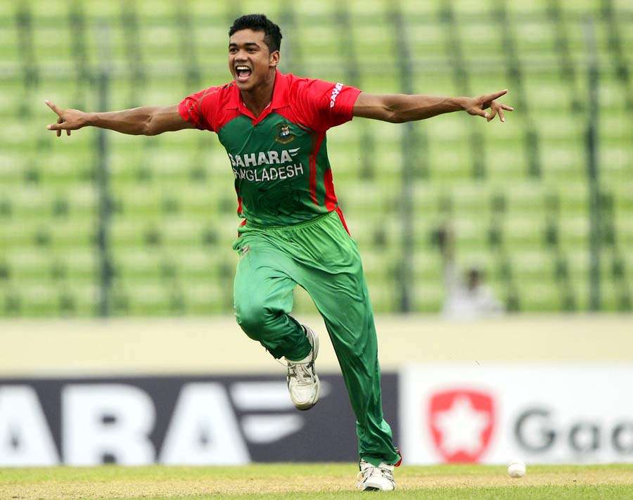 Bangladeshi cricketer Taskin Ahmed reacts after the dismissal of Indian cricketer Ambati Rayudu during the second one day international (ODI) cricket match between India and Bangladesh at the Sher-e-Bangla National Cricket Stadium in the city on Tuesday.