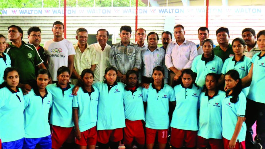 Selected 10 Womens Kabaddi (U-18) players, who got the chance for development training pose for photo with the guests at the Kabaddi Stadium in the city on Tuesday.