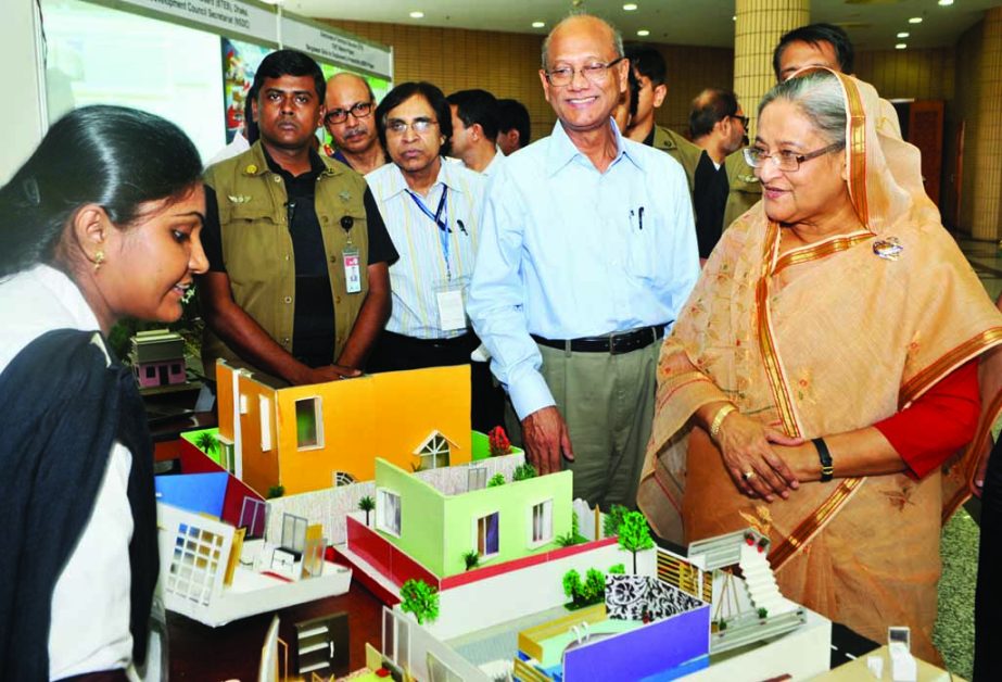 Prime Minister Sheikh Hasina visiting a stall of different vocational items after inaugurating â€˜Technical and Vocational Education Week-2014â€™ at Bangabandhu International Conference Center in the city on Wednesday. BSS photo