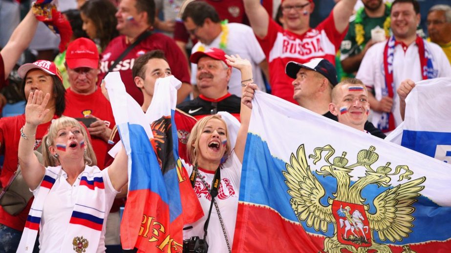 Russia fans cheer prior to the 2014 FIFA World Cup Brazil Group H match between Russia and South Korea at Arena Pantanal on Tuesday in Cuiaba, Brazil.