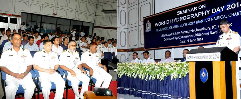 Assistant Naval Chief (Operation) Rear Admiral AMMM Aorangojeb Chowdhury speaking as Chief Guest at a seminar on World Hydrography Day organised by Bangladesh Navy in Chittagong yesterday.
