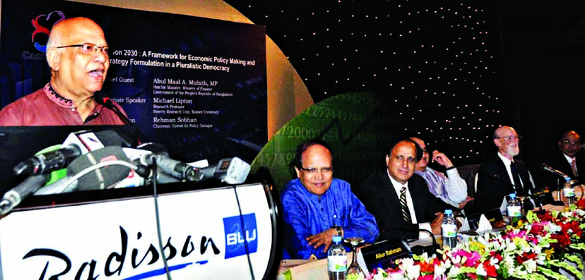 Finance Minister Abul Maal Abdul Muhith speaking at a discussion on 'Growth Strategies and Microeconomic Stability' organized by Bangladesh Economic Forum at a hotel in the city on Saturday.