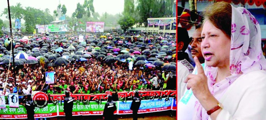 BNP chairperson Begum Khaleda Zia addressing a huge public meeting at the Ramdeo Government High School in Joypurhat on Sunday.