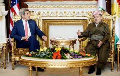 Kurdish regional President Massoud Barzani, right, speaks during a meeting with US Secretary of State John Kerry at the presidential palace in Irbil, Iraq.