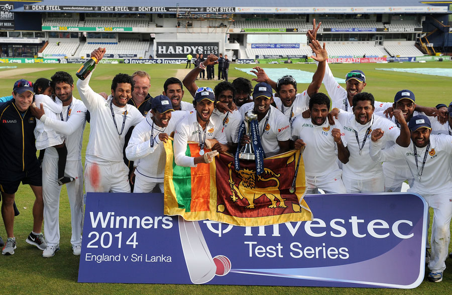 Sri Lanka celebrate with the series trophy against England in 2nd Investec Test at Headingley on Tuesday.