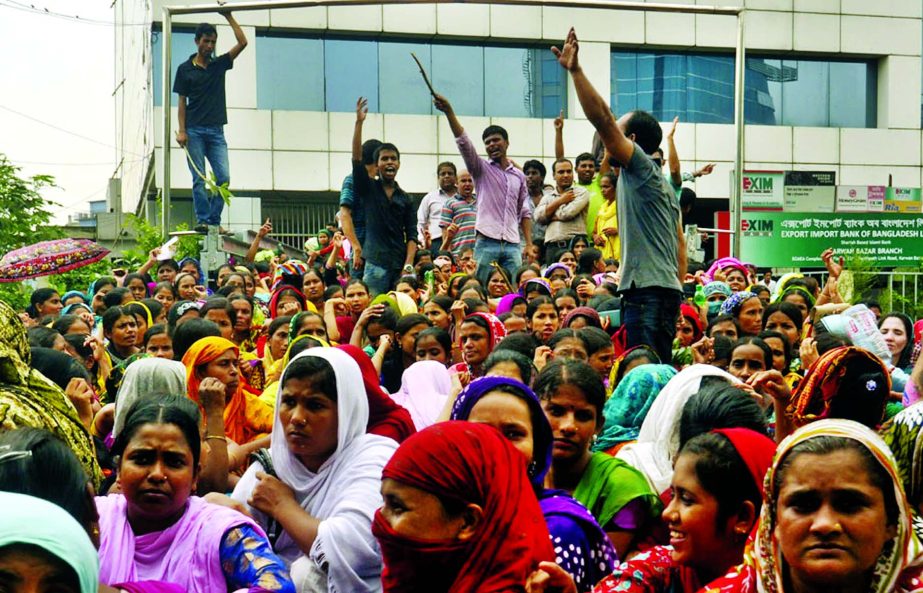 Garment workers staged demonstration in front of the BGMEA Bhaban on Wednesday demanding payment of outstanding salaries in several factories.