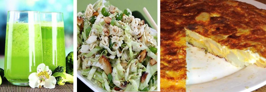 Healthy Green Smoothie, Chinese Vegetable Salad, Tortilla Spanish Omelette